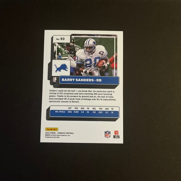 Barry Sanders: Detroit Lions, Running Back, 2022 Panini Donruss Football #93 - Picture 2 of 2